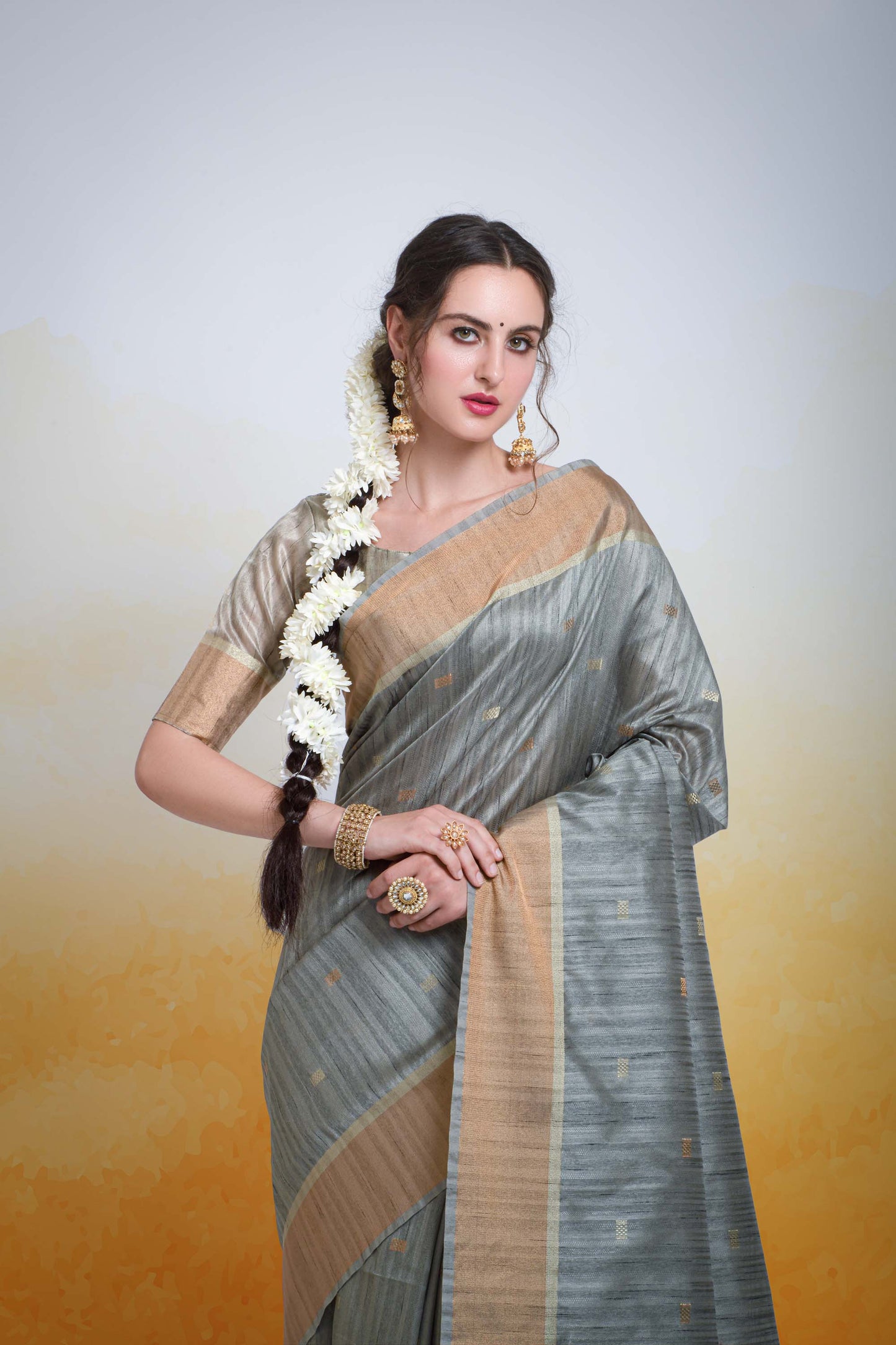 Butti Grey Zari Woven Cotton Silk Saree