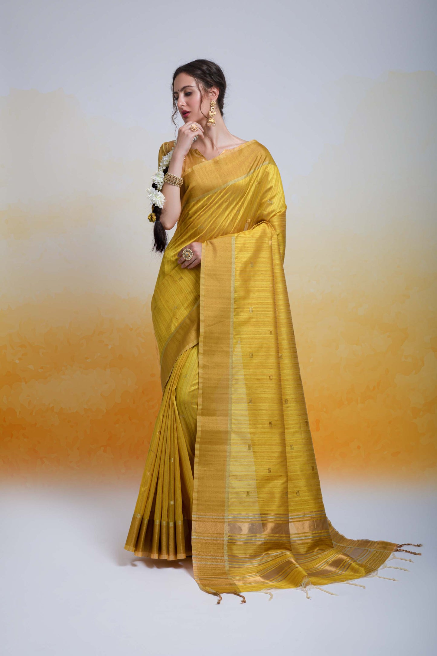 Butti Mustard Zari Woven Cotton Silk Saree