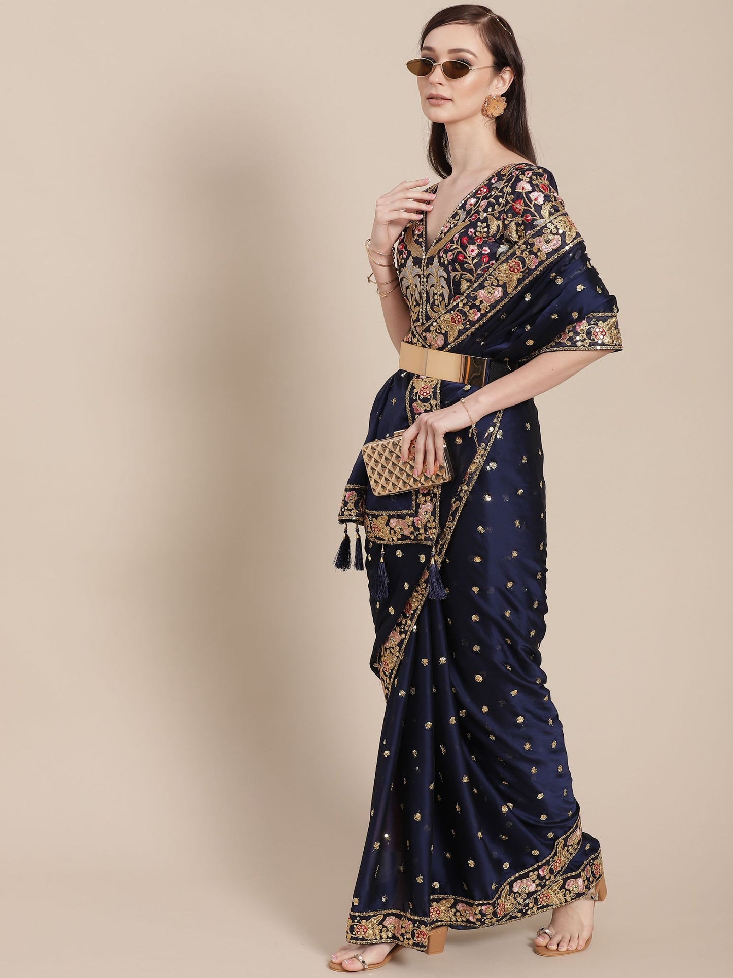 Navy Blue Sequins Embroidery Partywear Silk Designer Saree