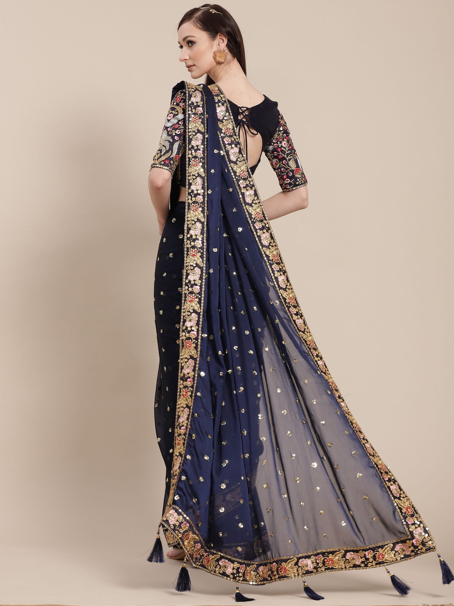 Navy Blue Sequins Embroidery Partywear Silk Designer Saree