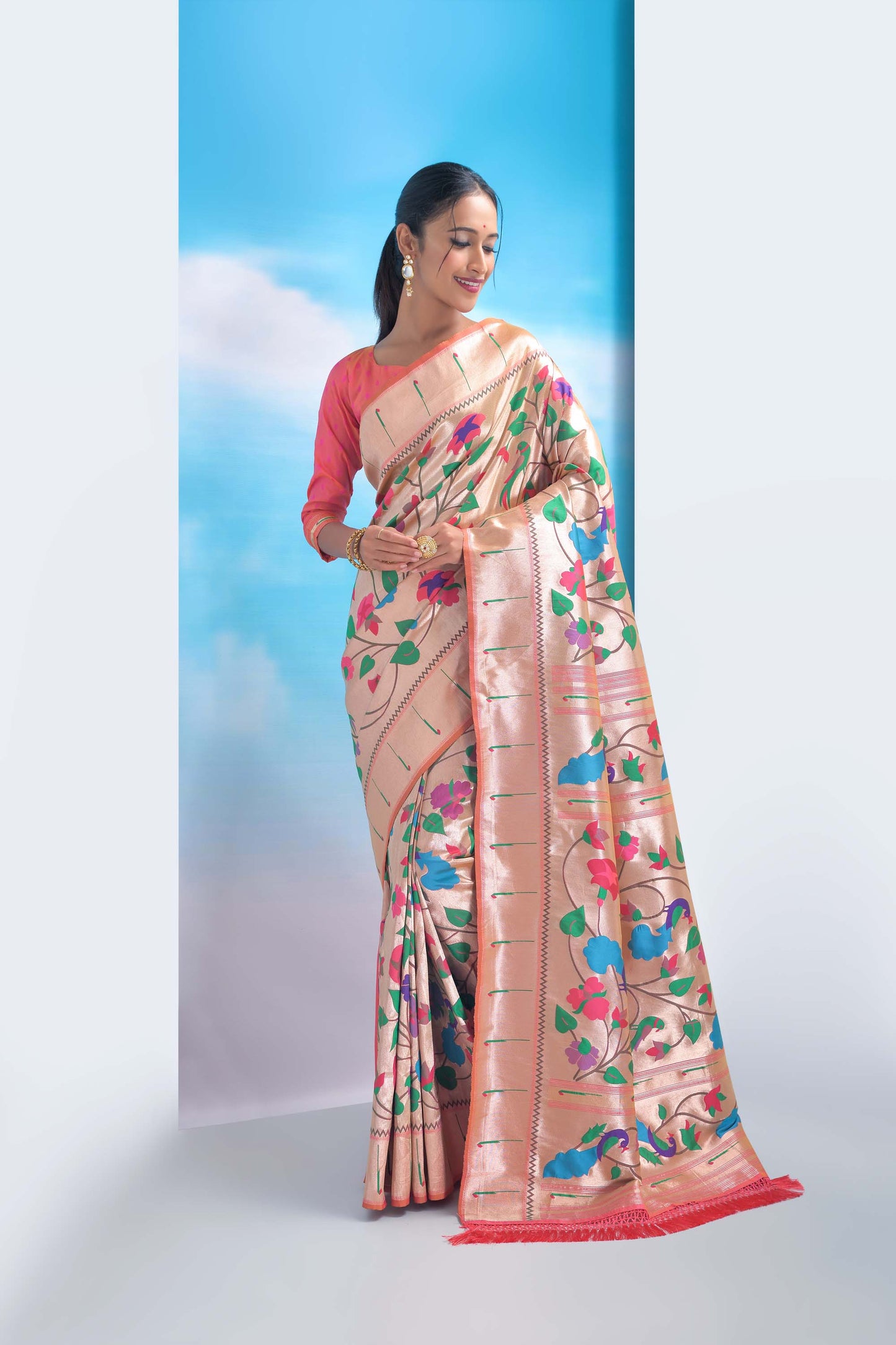 Peach Color Banarasi Silk Paithani Saree