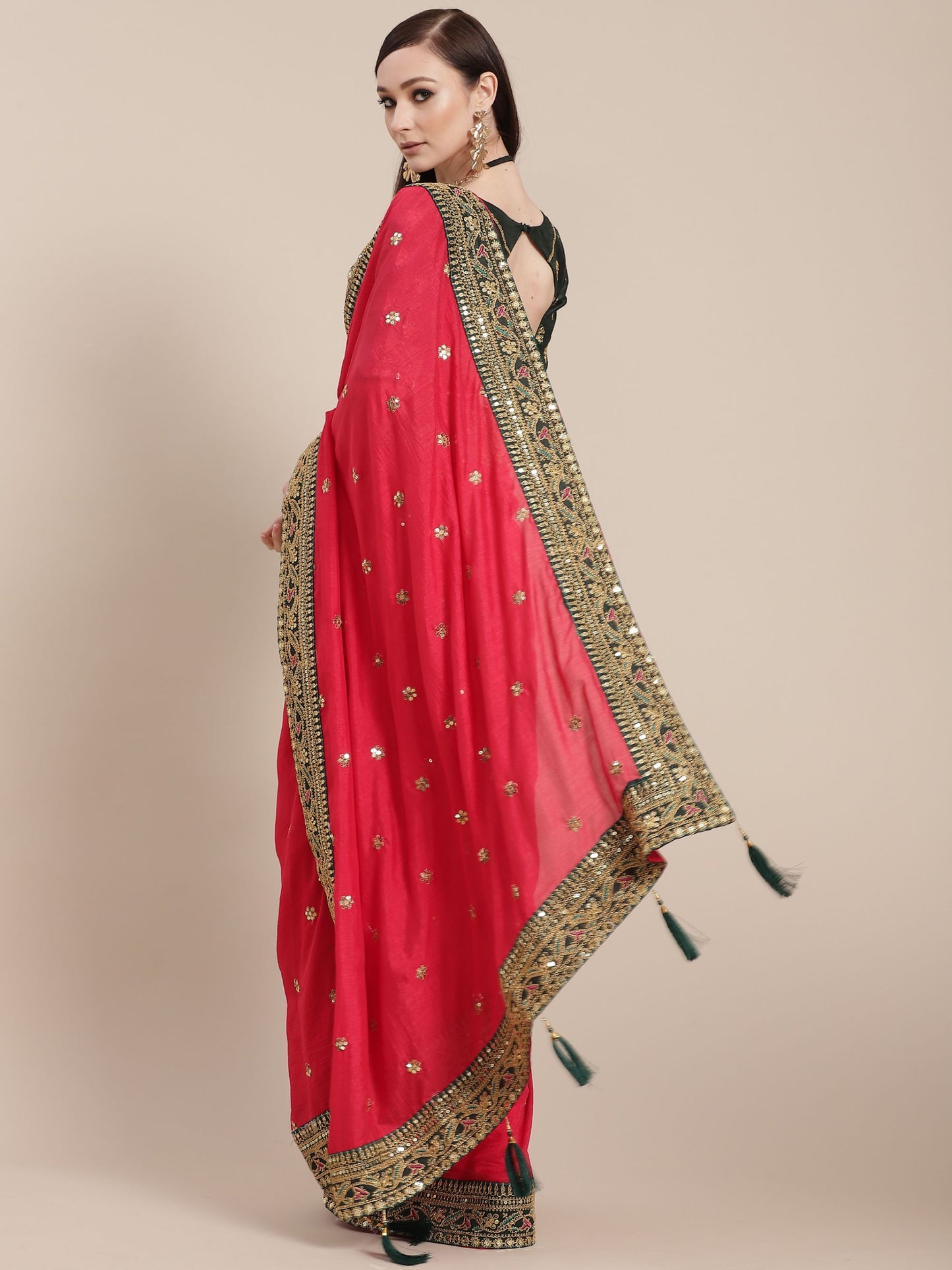 Pink and Green Partywear Silk Designer Saree