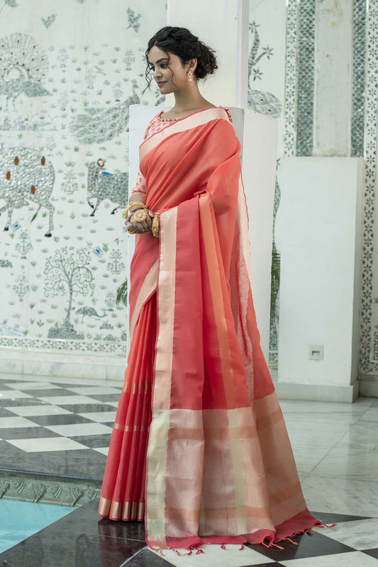 Orange Zari Woven Linen Saree with Orange  Blouse