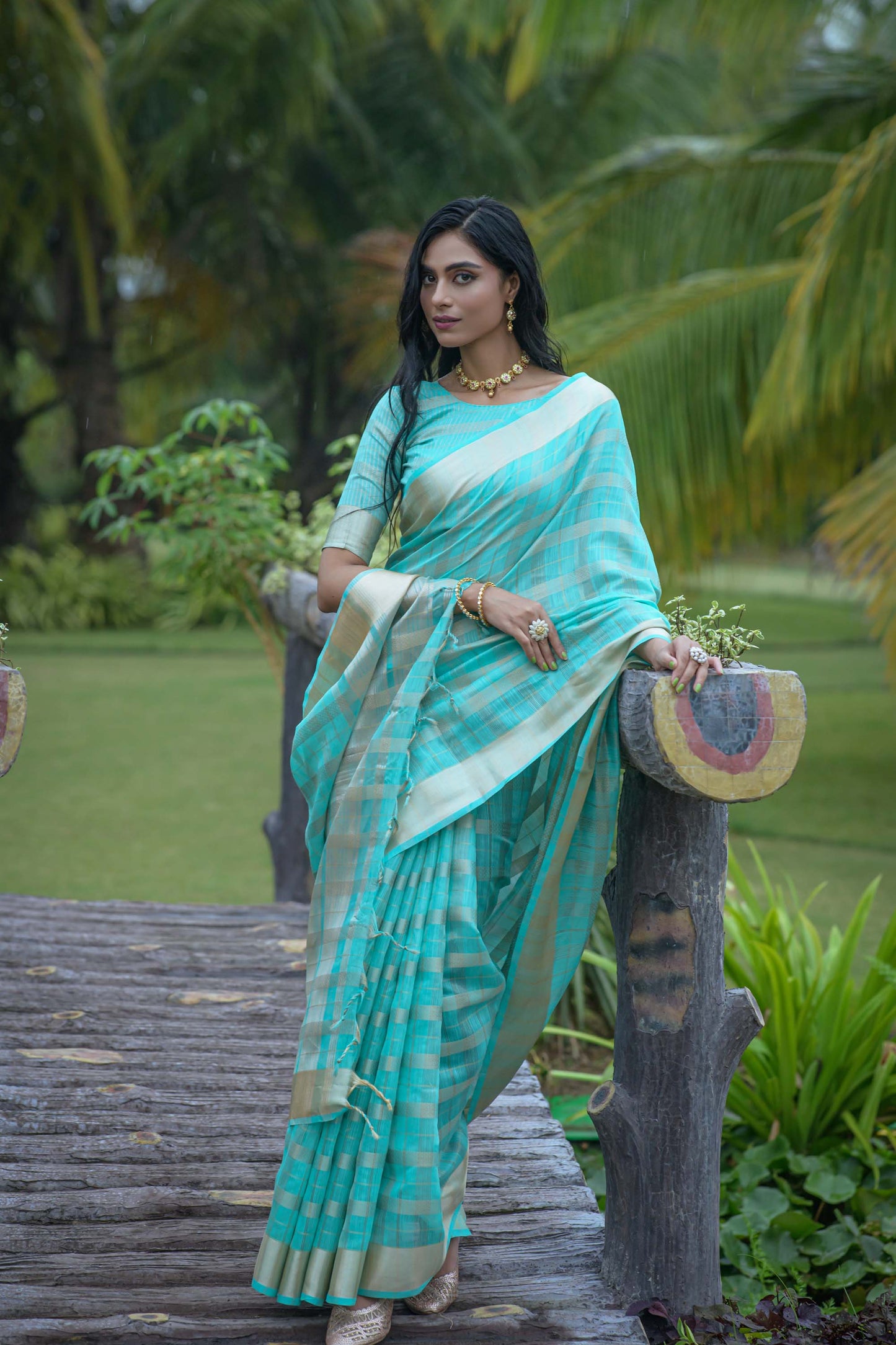 Firozi Zari Woven Organza Saree