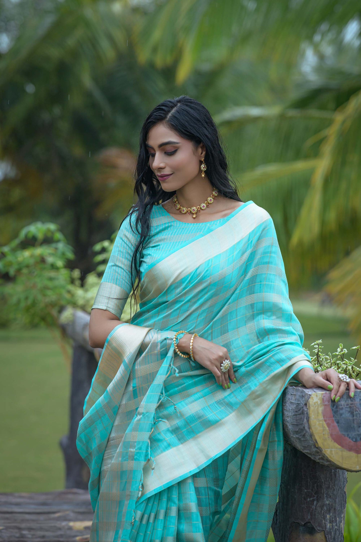 Firozi Zari Woven Organza Saree