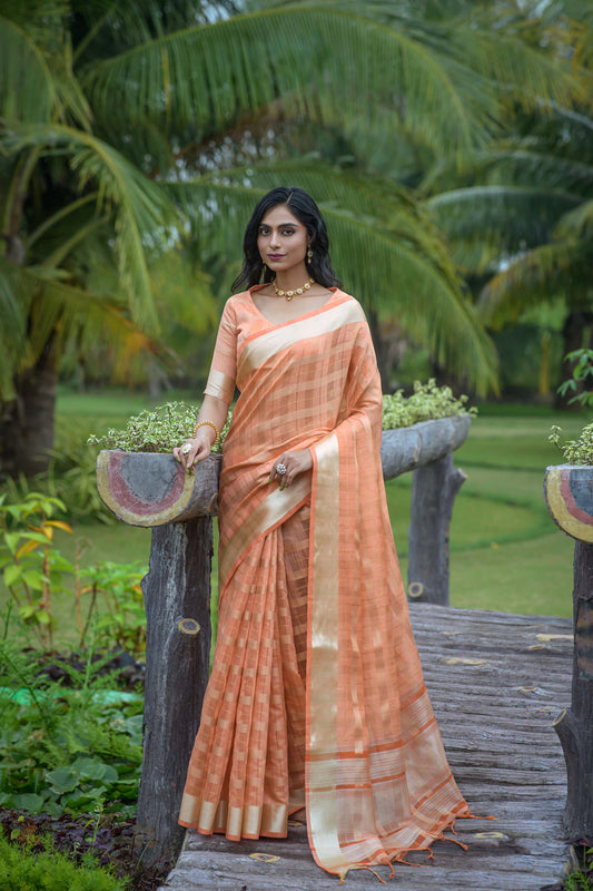 Orange Zari Woven Organza Saree