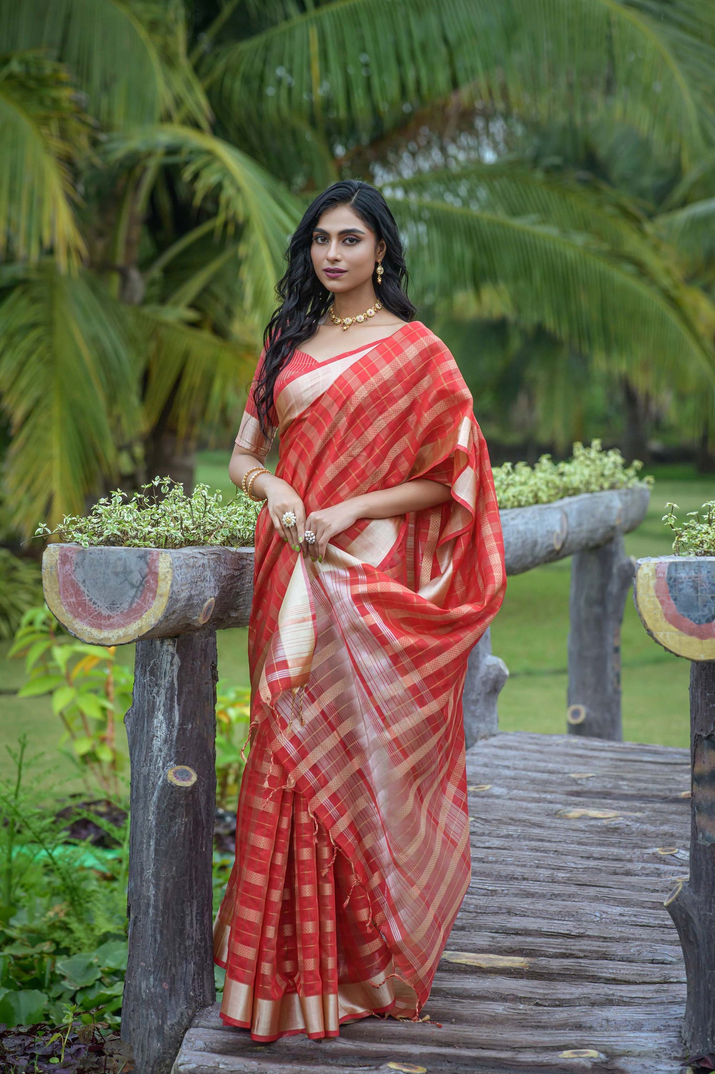 Red Zari Woven Organza Saree