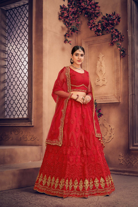 Red Color Embroidered Net Lehenga