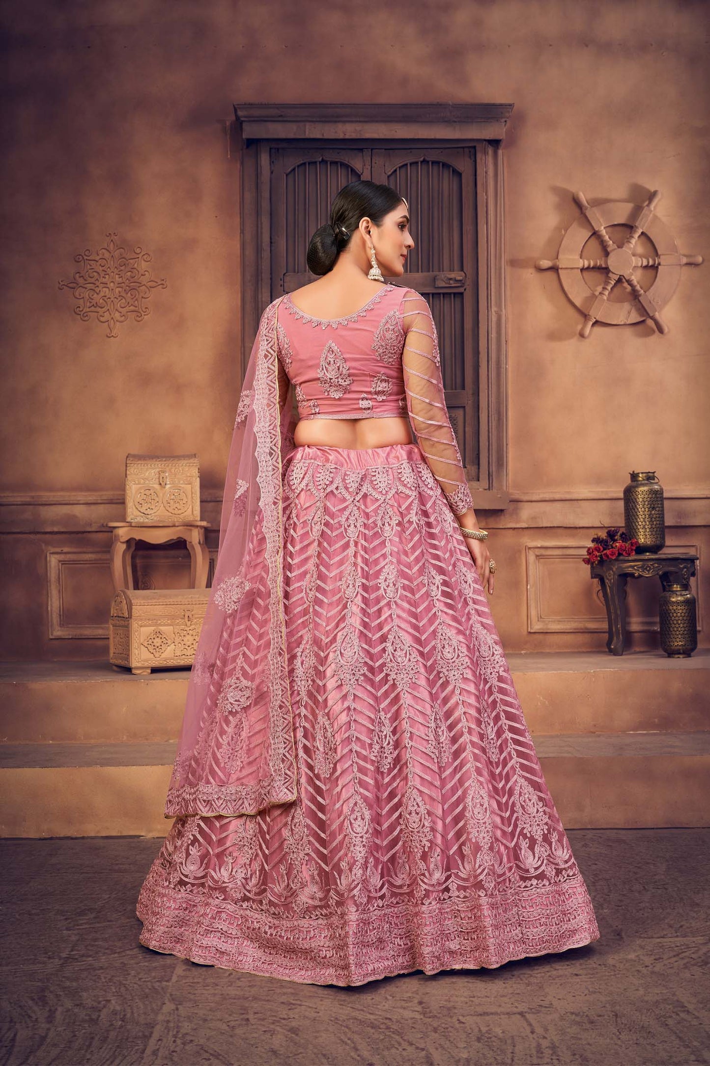 Dusty Pink Color Embroidered Net Lehenga