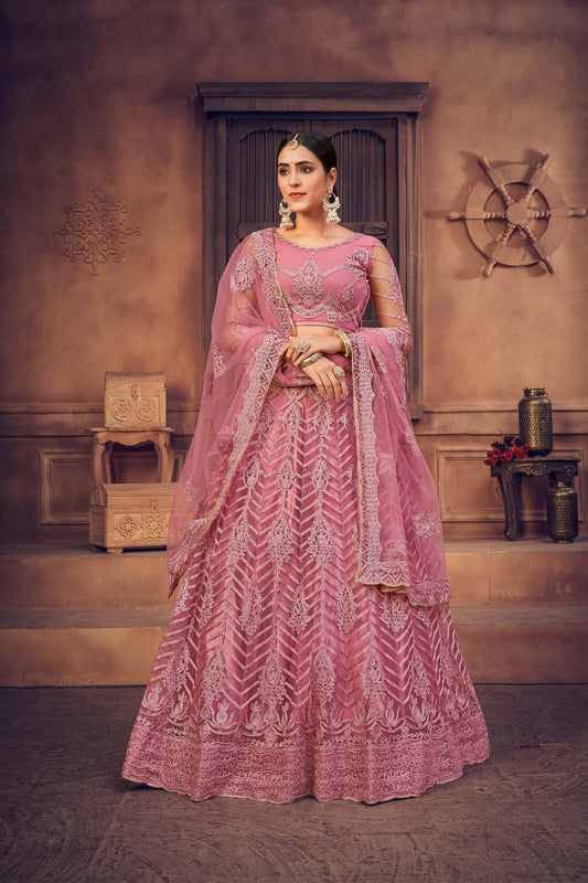 Dusty Pink Color Embroidered Net Lehenga