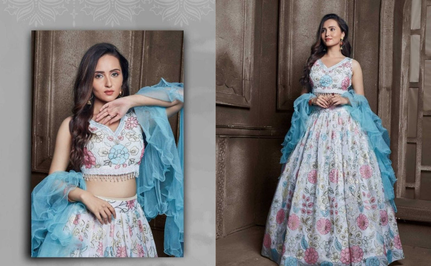 White and Blue Color Embroidered Viscose Georgette Lehenga