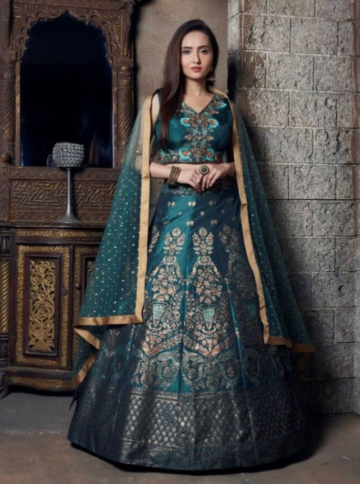 Dark Green Color Embroidered Viscose Georgette Lehenga