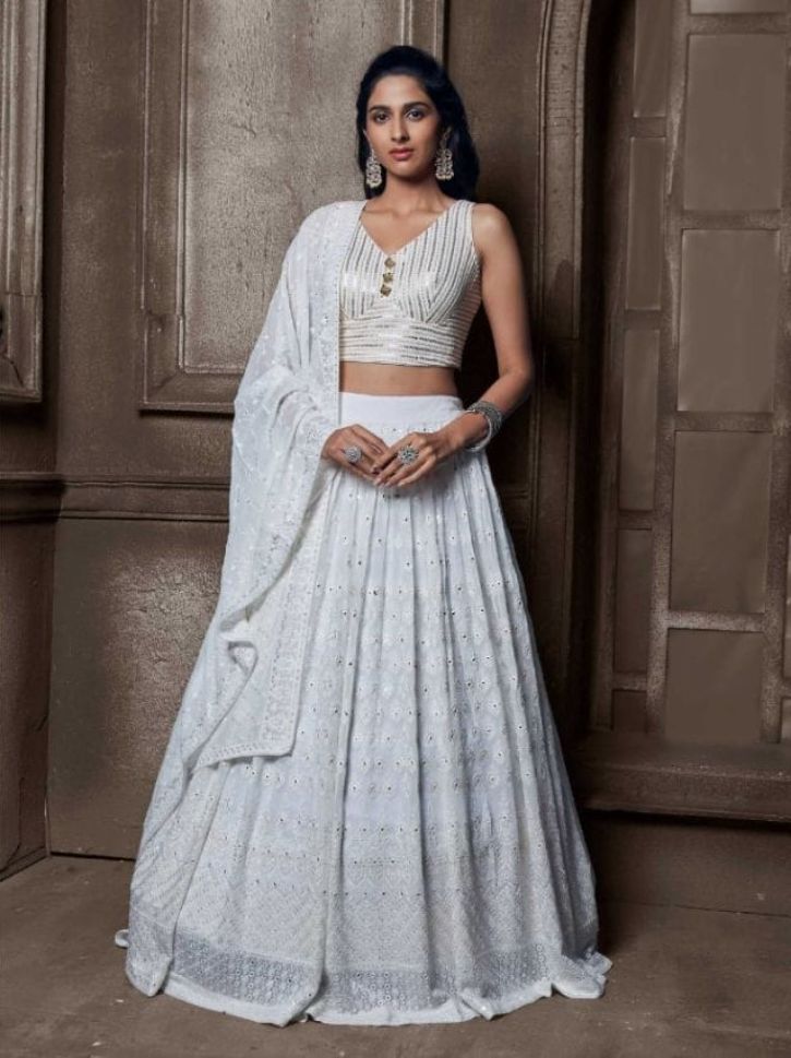 White Color Embroidered Viscose Georgette Lehenga