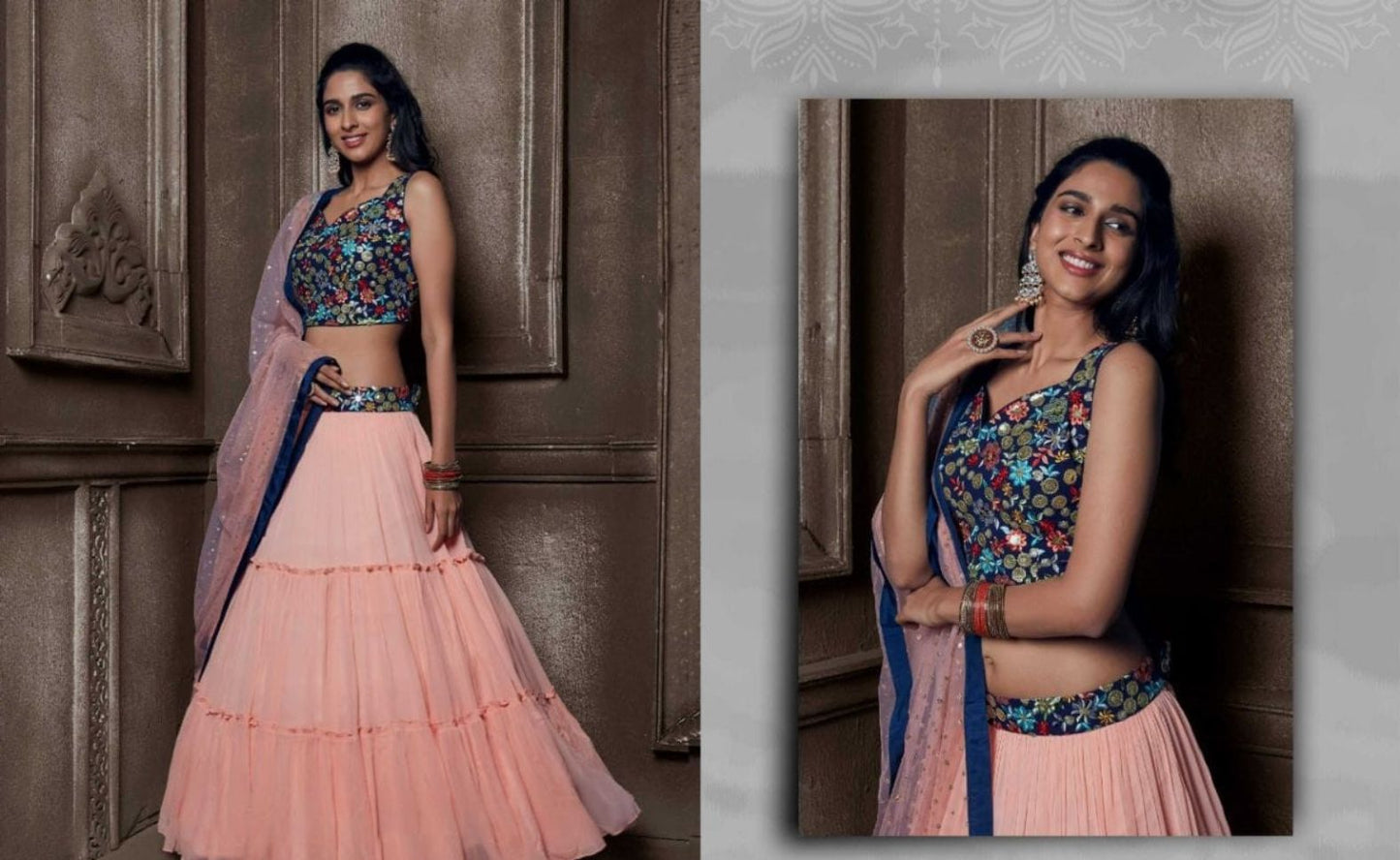 Pink and Dark Blue Color Embroidered Viscose Georgette Lehenga