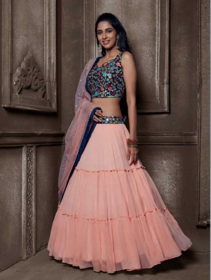 Pink and Dark Blue Color Embroidered Viscose Georgette Lehenga