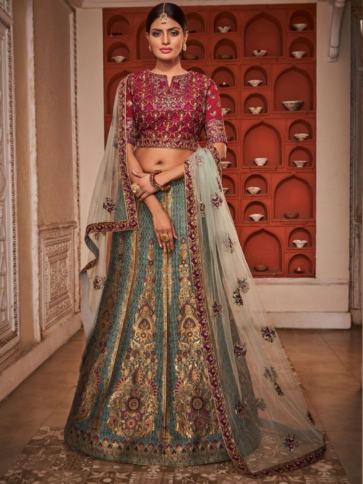 Gorgeous Maroon and Blue Banaras Silk Lehenga