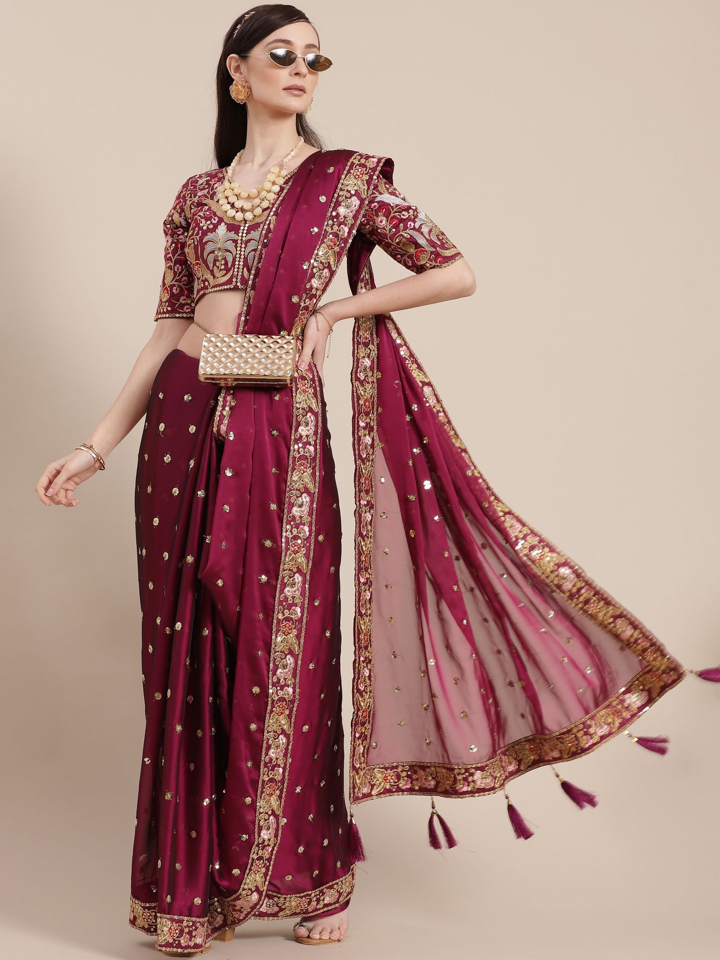 Wine Sequins Embroidery Partywear Silk Designer Saree