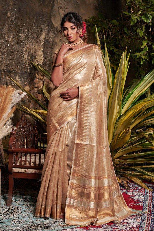 Beige Zari Woven Maheshwari Silk Saree