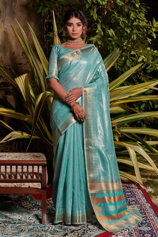 Firozi Zari Woven Maheshwari Silk Saree