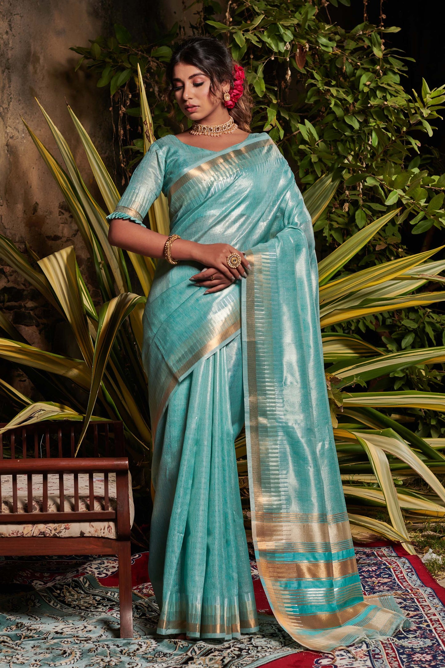 Firozi Zari Woven Maheshwari Silk Saree