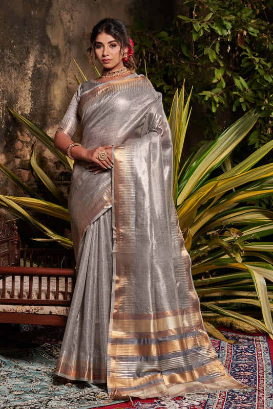 Grey Zari Woven Maheshwari Silk Saree