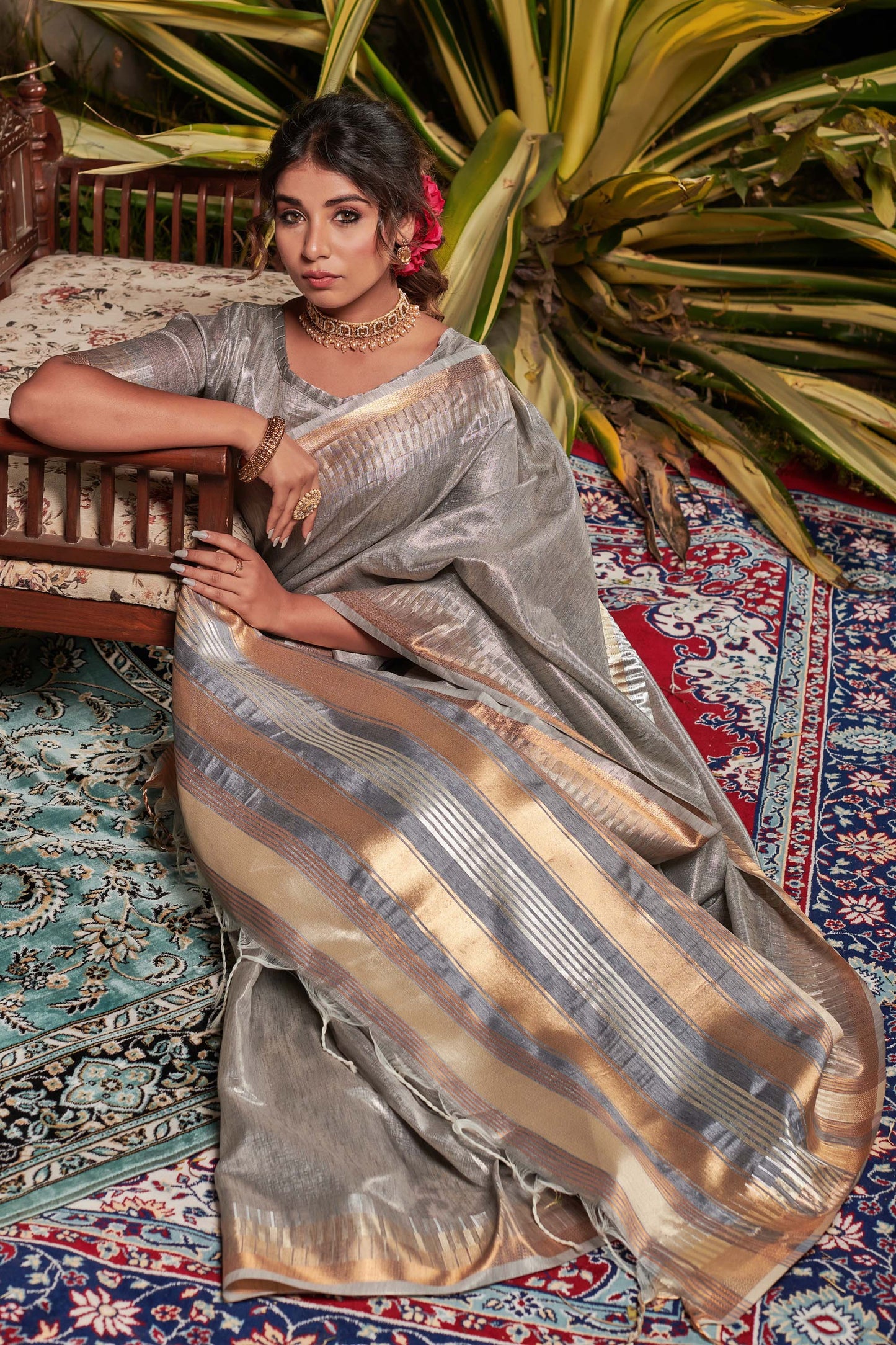 Grey Zari Woven Maheshwari Silk Saree