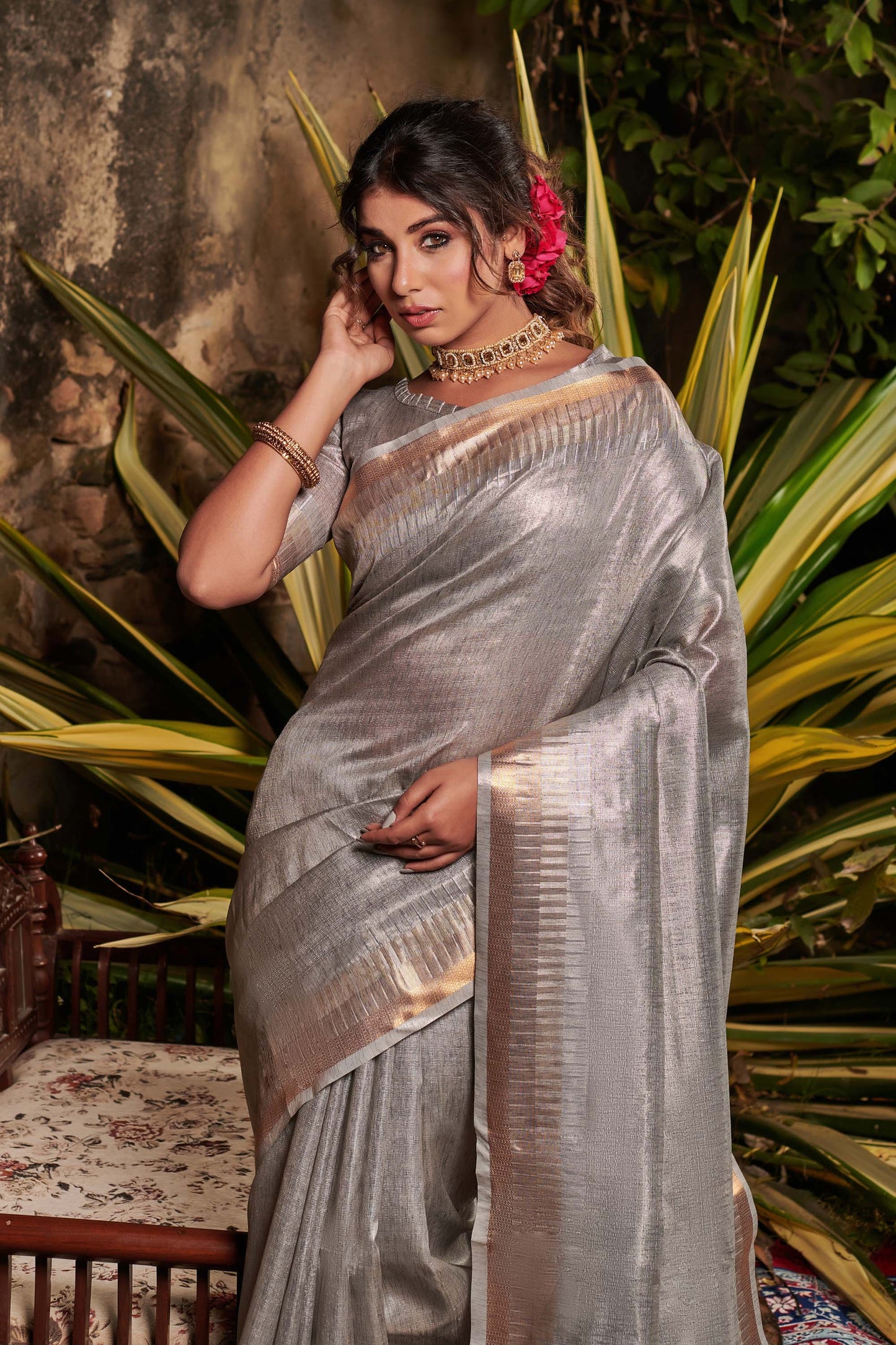 Grey Zari Woven Maheshwari Silk Saree