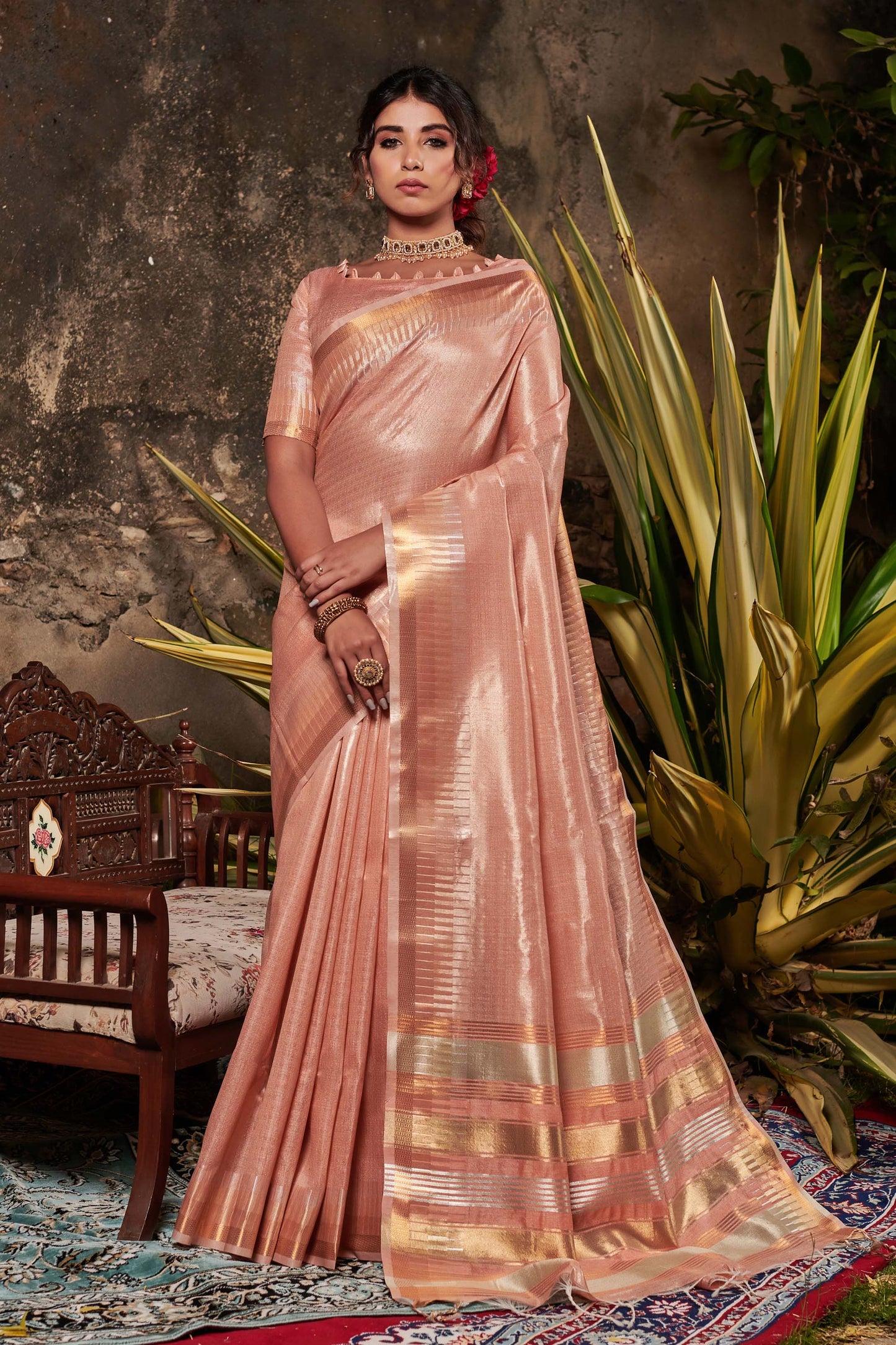 Peach Zari Woven Maheshwari Silk Saree