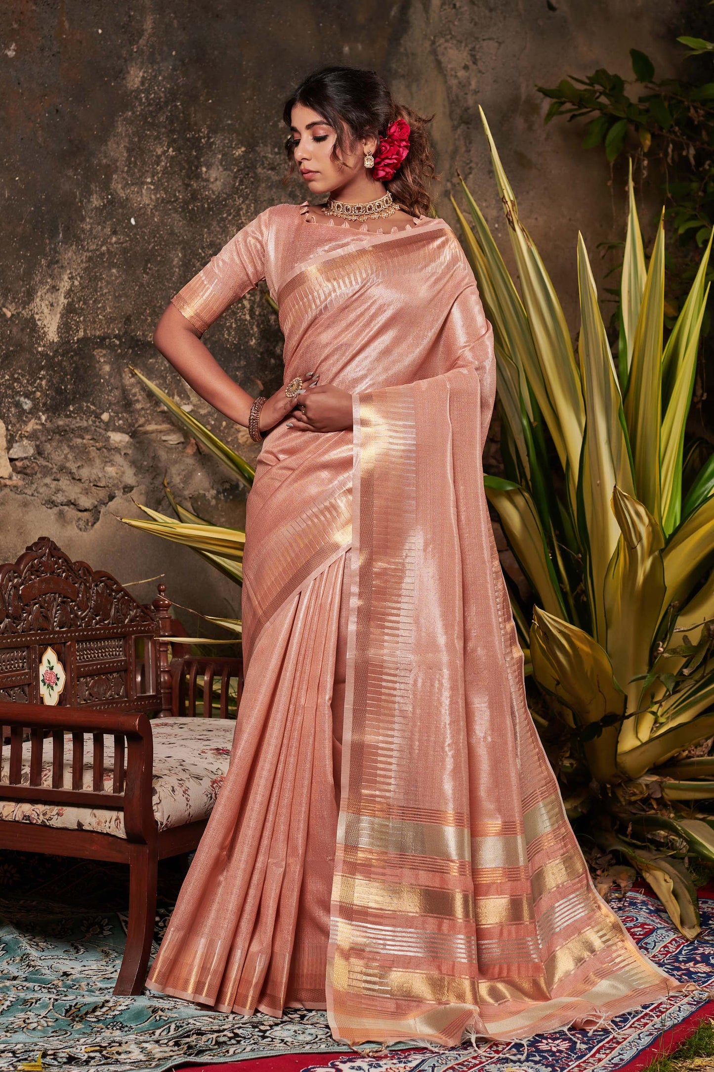 Peach Zari Woven Maheshwari Silk Saree