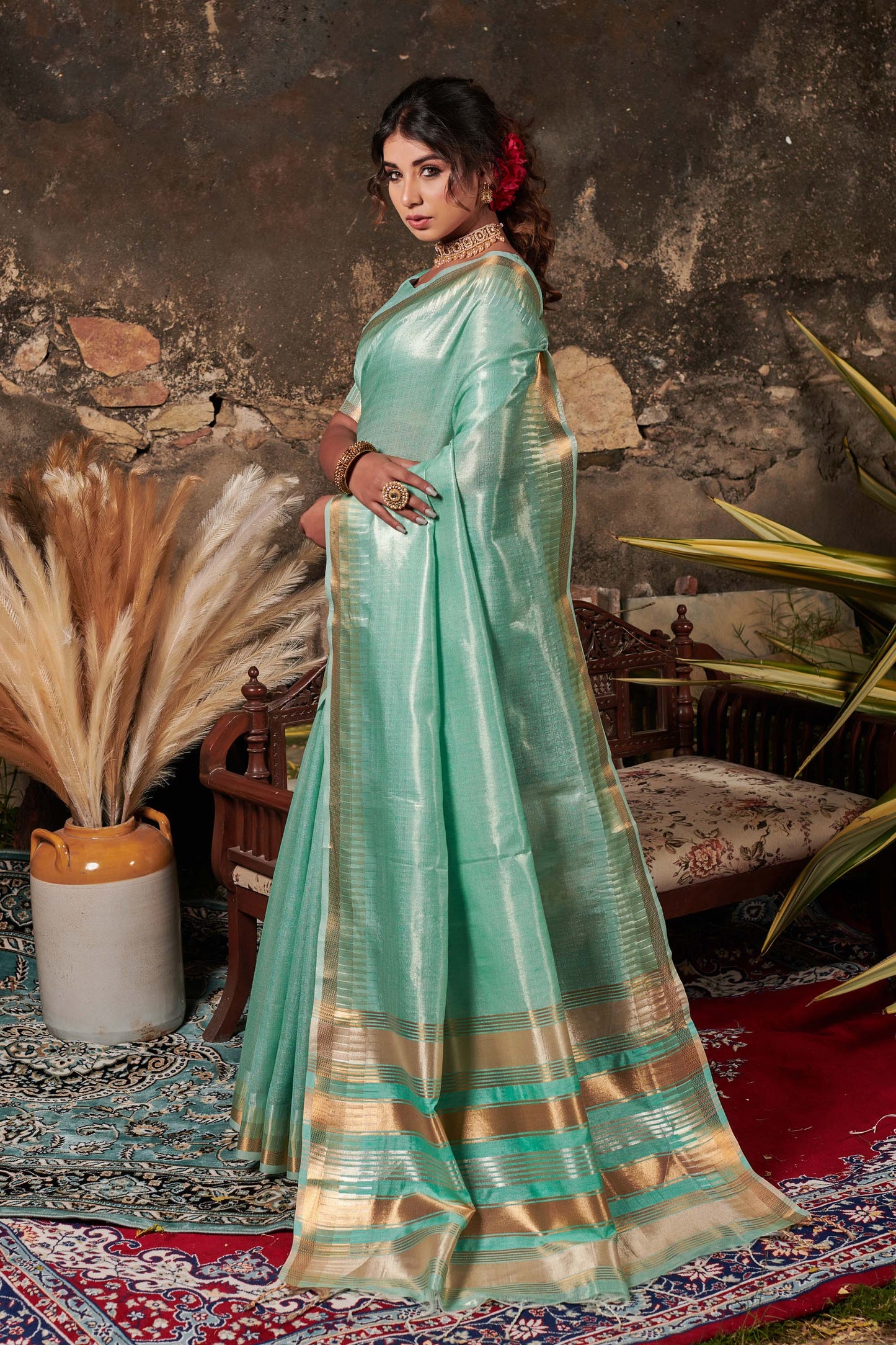 Sea Green Zari Woven Maheshwari Silk Saree