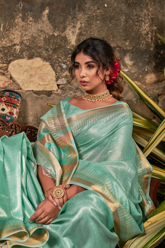 Sea Green Zari Woven Maheshwari Silk Saree