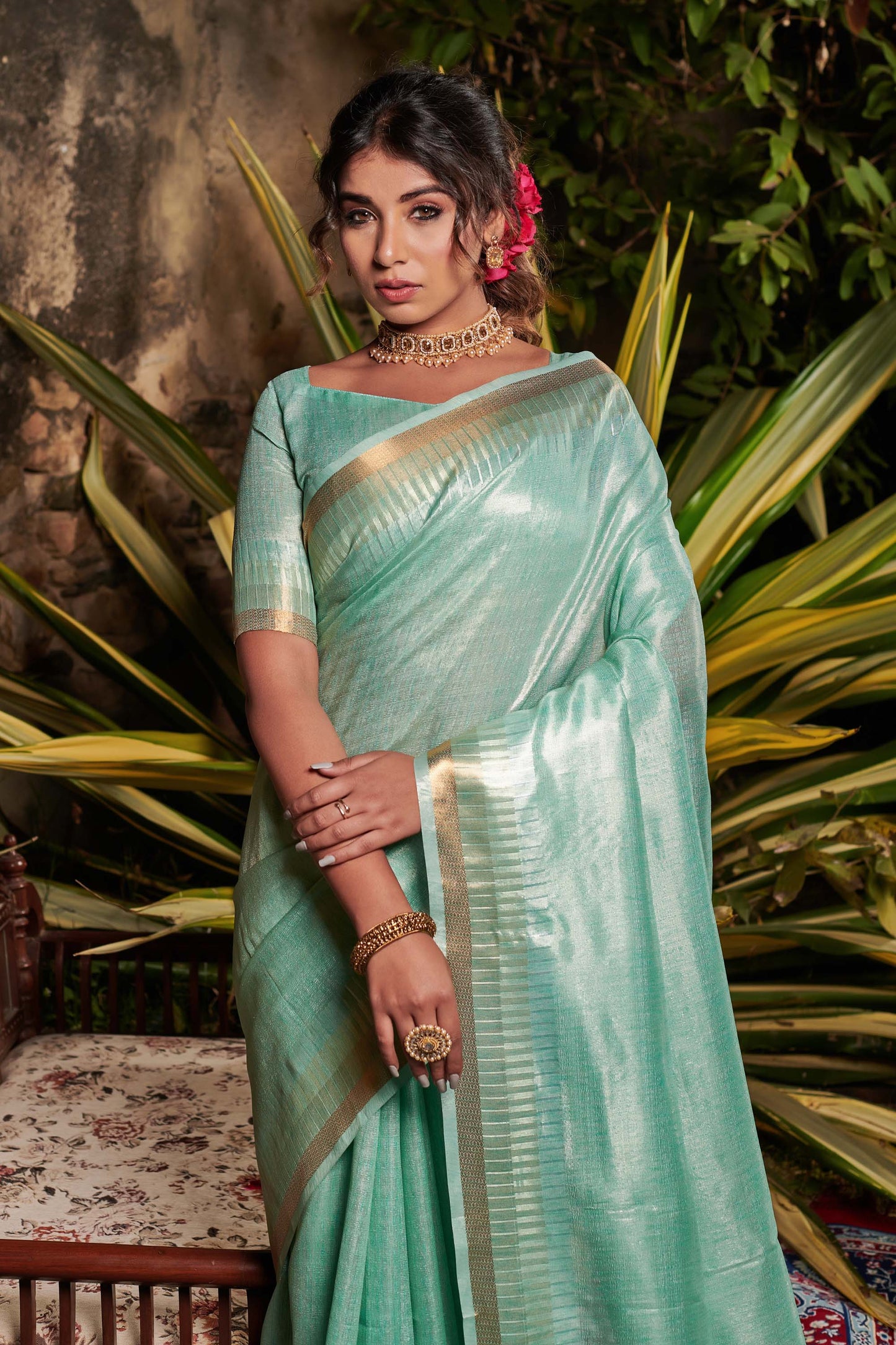 Sea Green Zari Woven Maheshwari Silk Saree