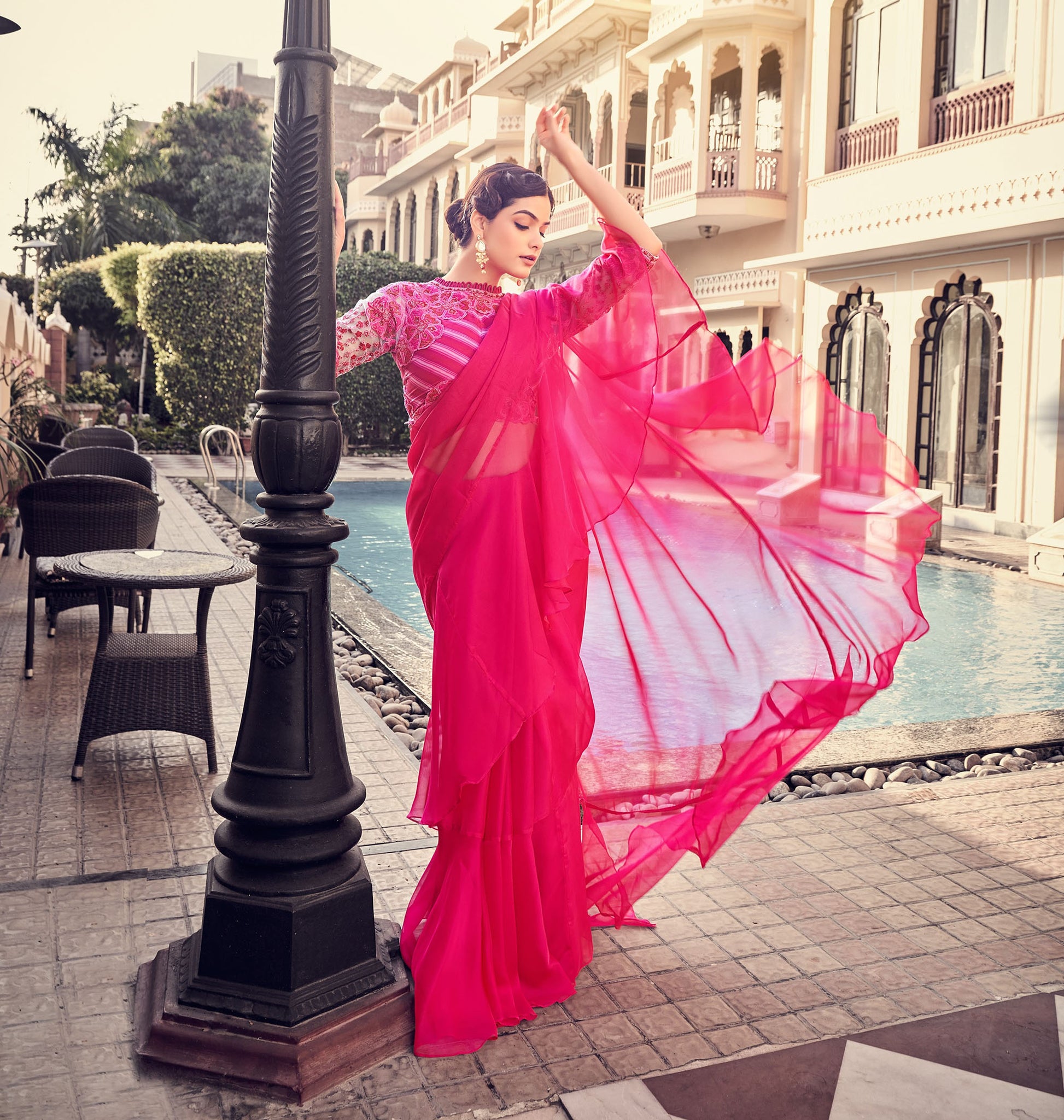 Pink Color Sequins Work Organza Frill Saree