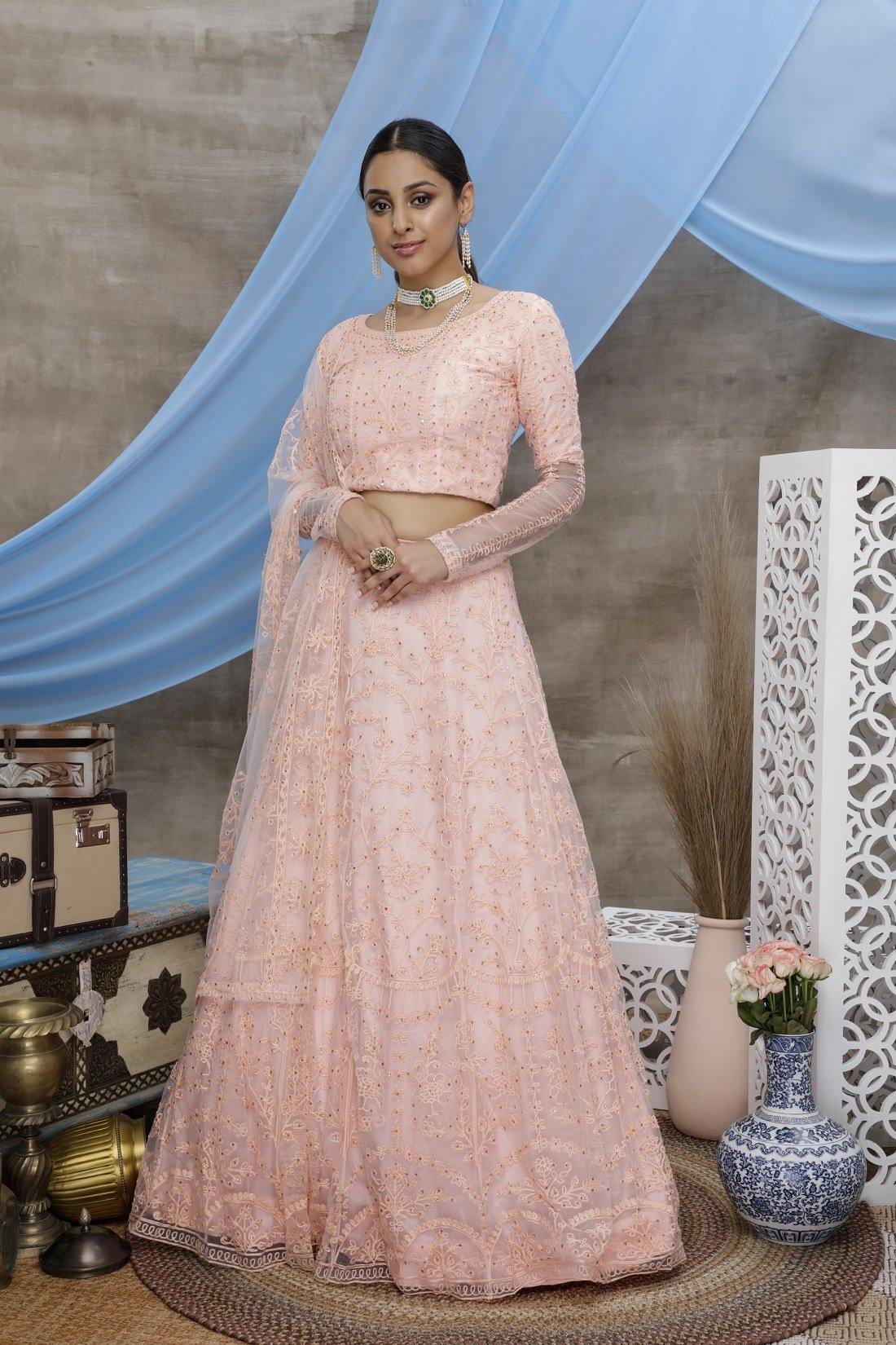 Peach Heavy Embroidered Soft Net Lehenga Choli-   - Glamou  al