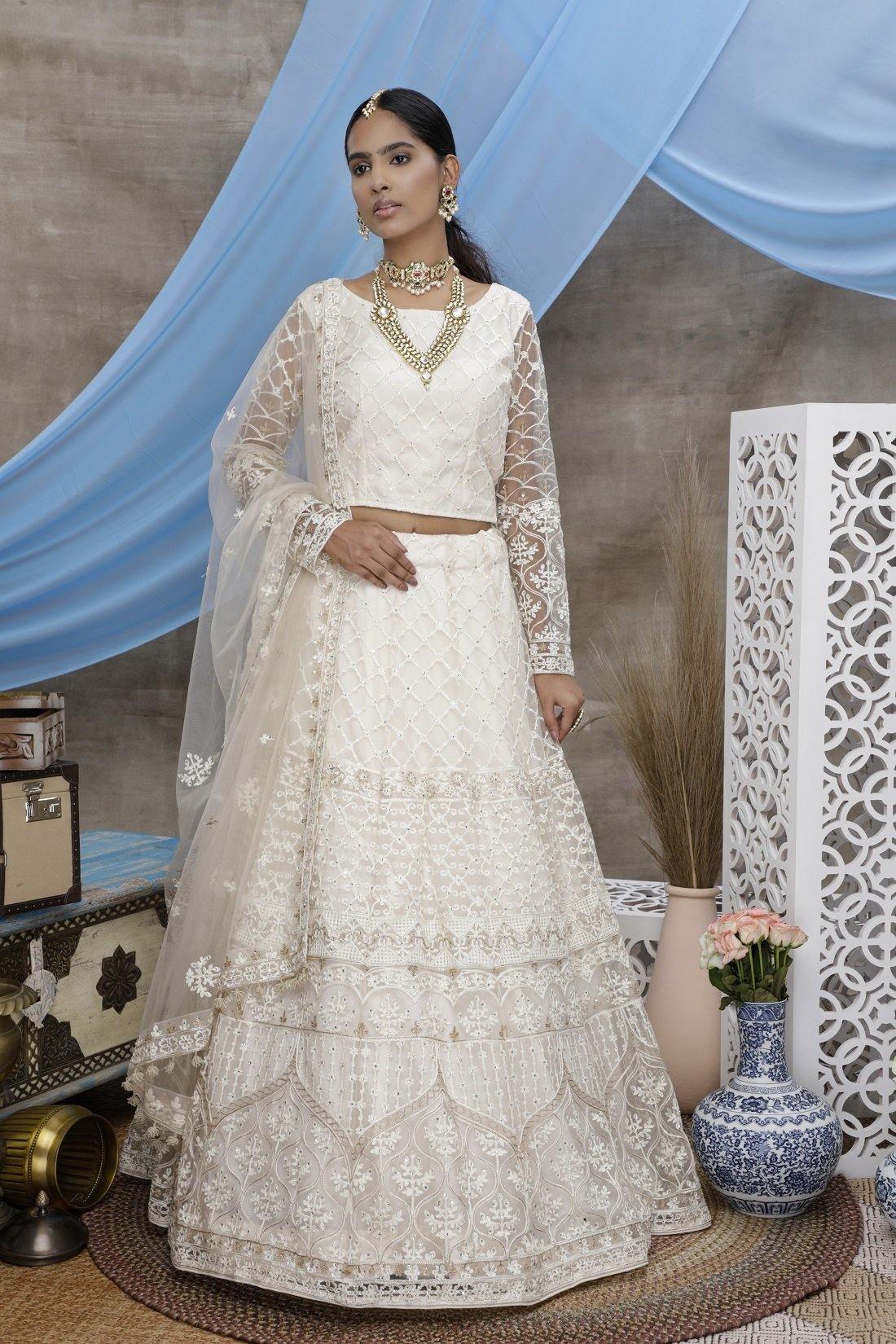 White Embroidered Soft Net Lehenga Choli -    - Glamou  al