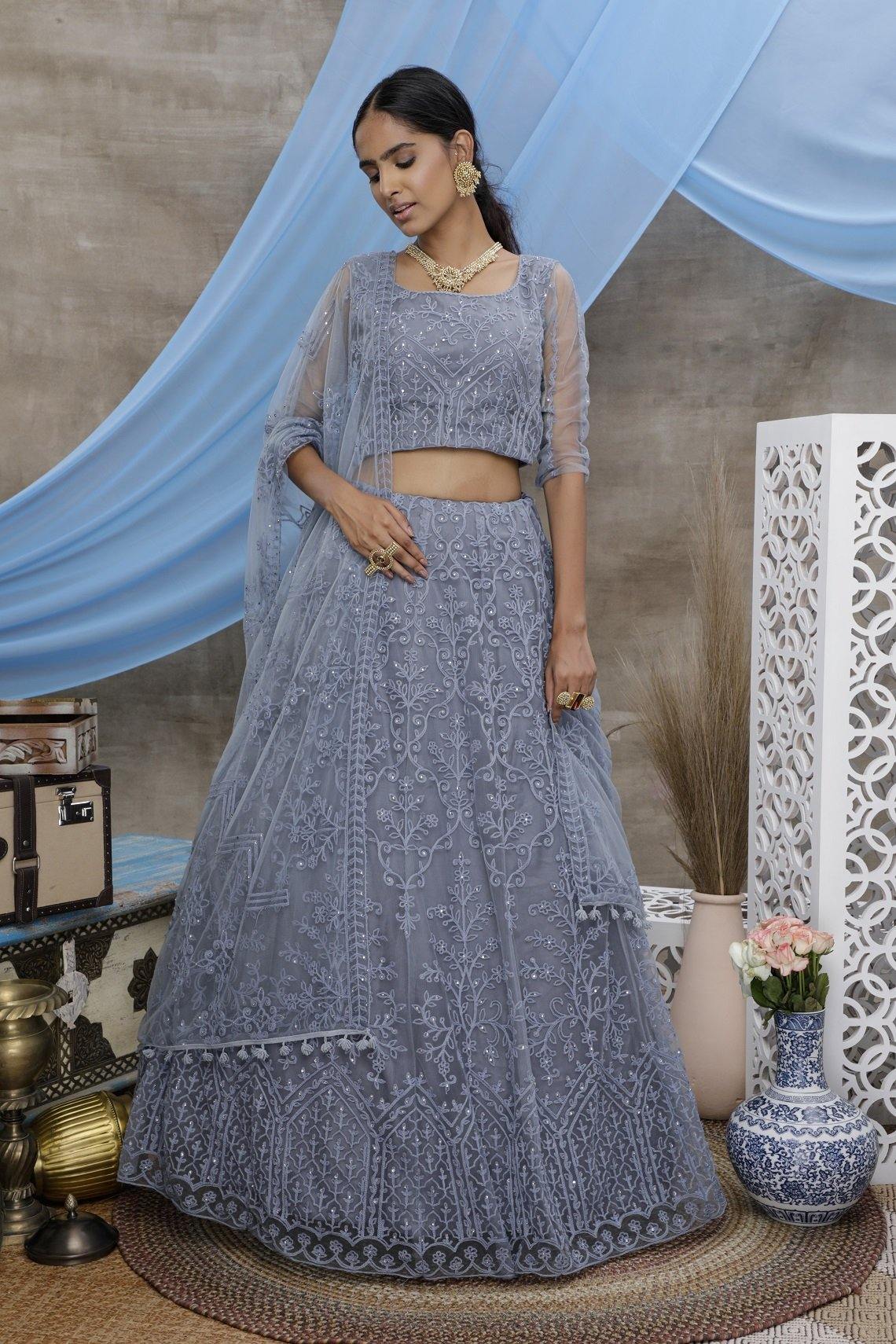 Grey Fully Embroidered Soft Net Lehenga- Glamou  al - Glamou  al