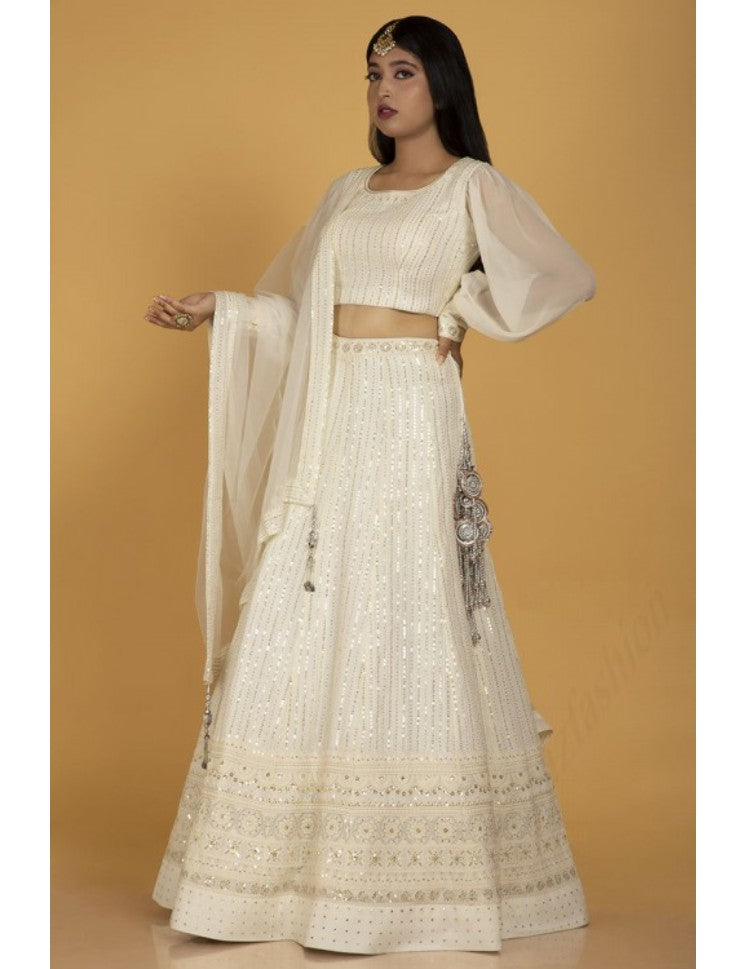 Off White Georgette Embroidered Lehenga