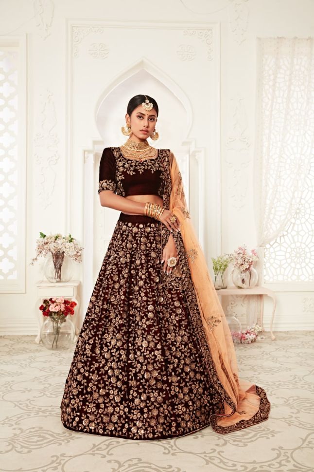 Maroon Color Velvet Sequins Embroidery Lehenga