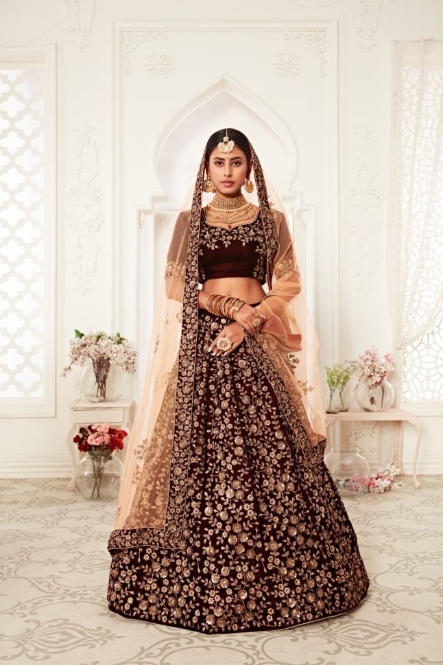 Maroon Color Velvet Sequins Embroidery Lehenga