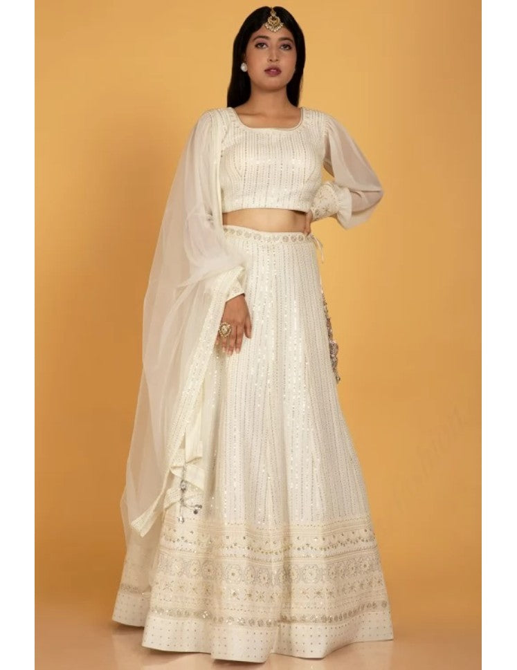 Off White Georgette Embroidered Lehenga