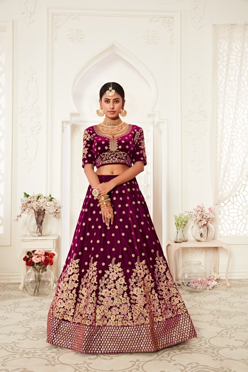 Purple Velvet Sequins Embroidery Lehenga