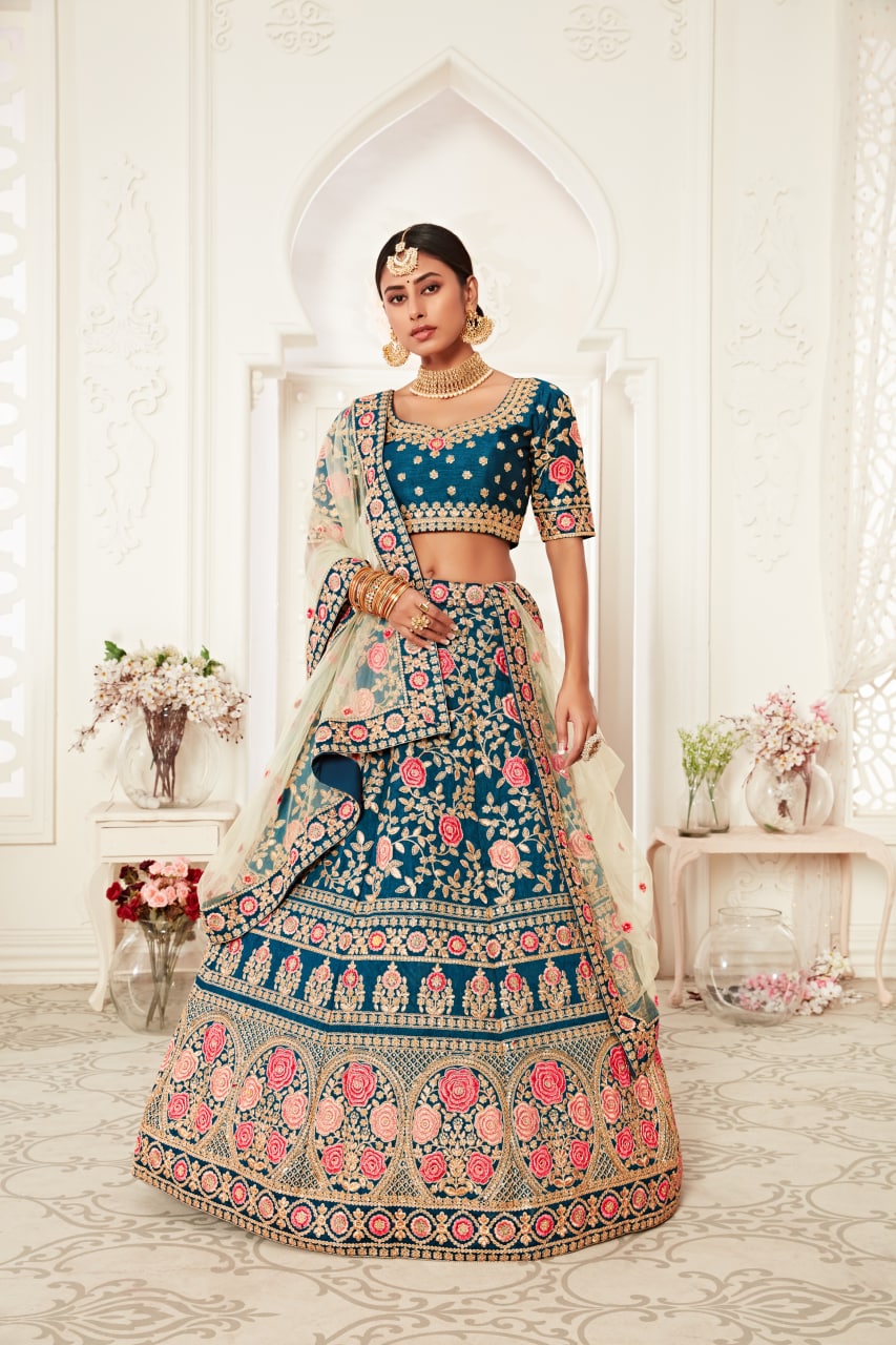 Blue Color Slub Silk Embroidery Lehenga