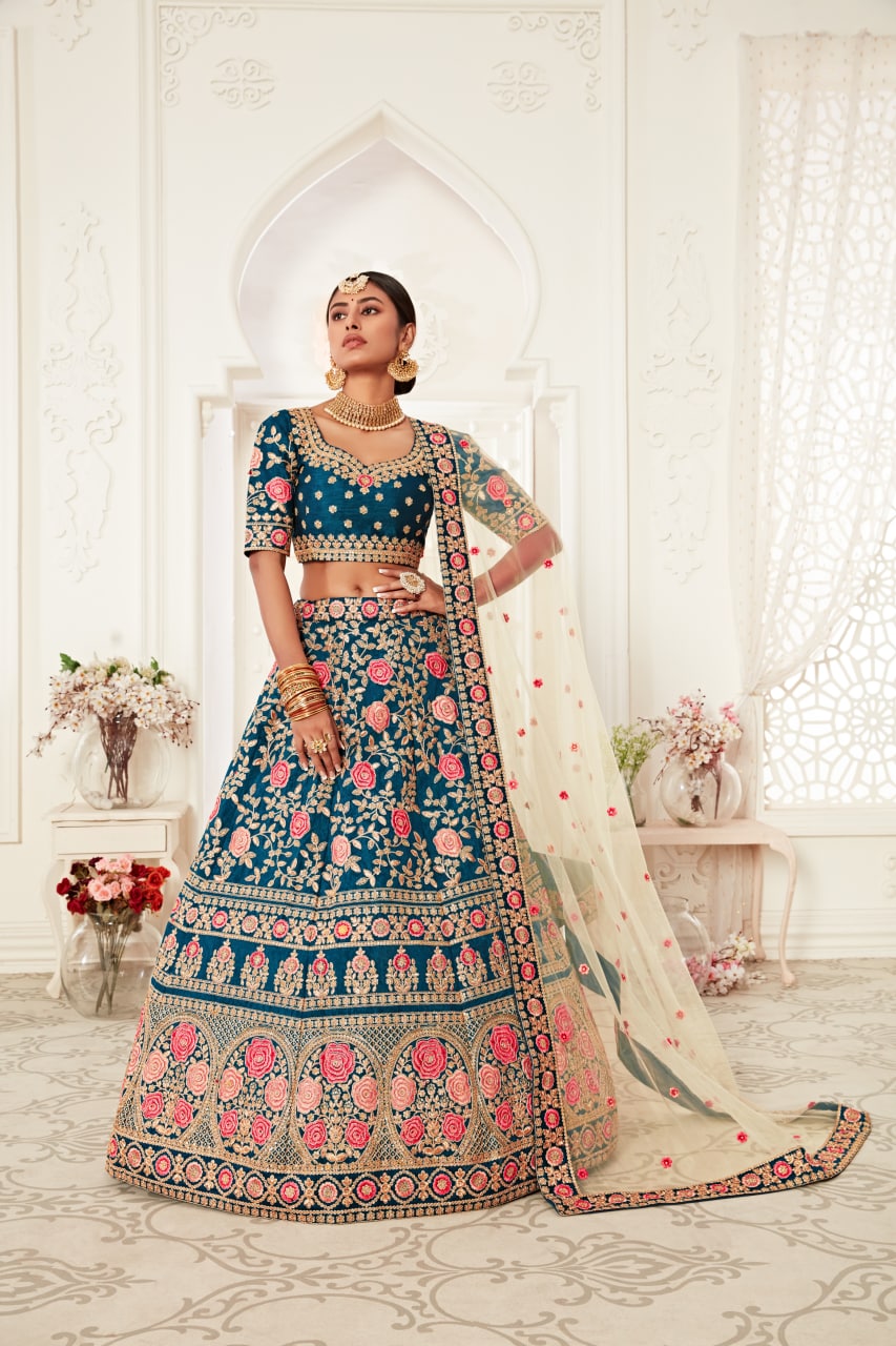 Blue Color Slub Silk Embroidery Lehenga