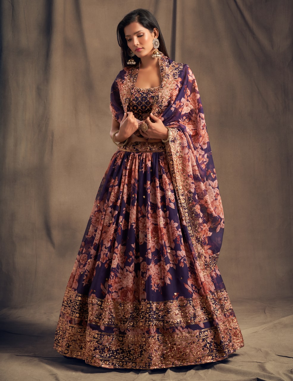 Purple Color Organza Sequins Embroidery Lehenga