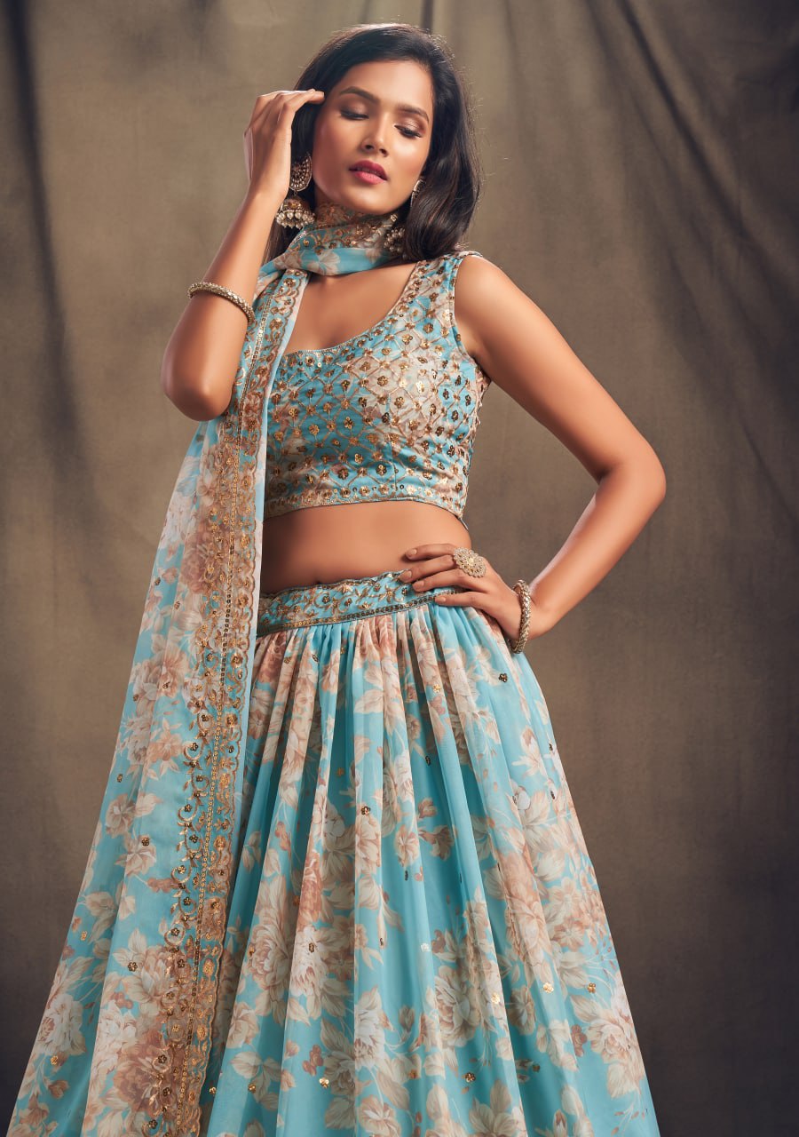 Teal Blue Color Sequins Zari Embroidery Lehenga