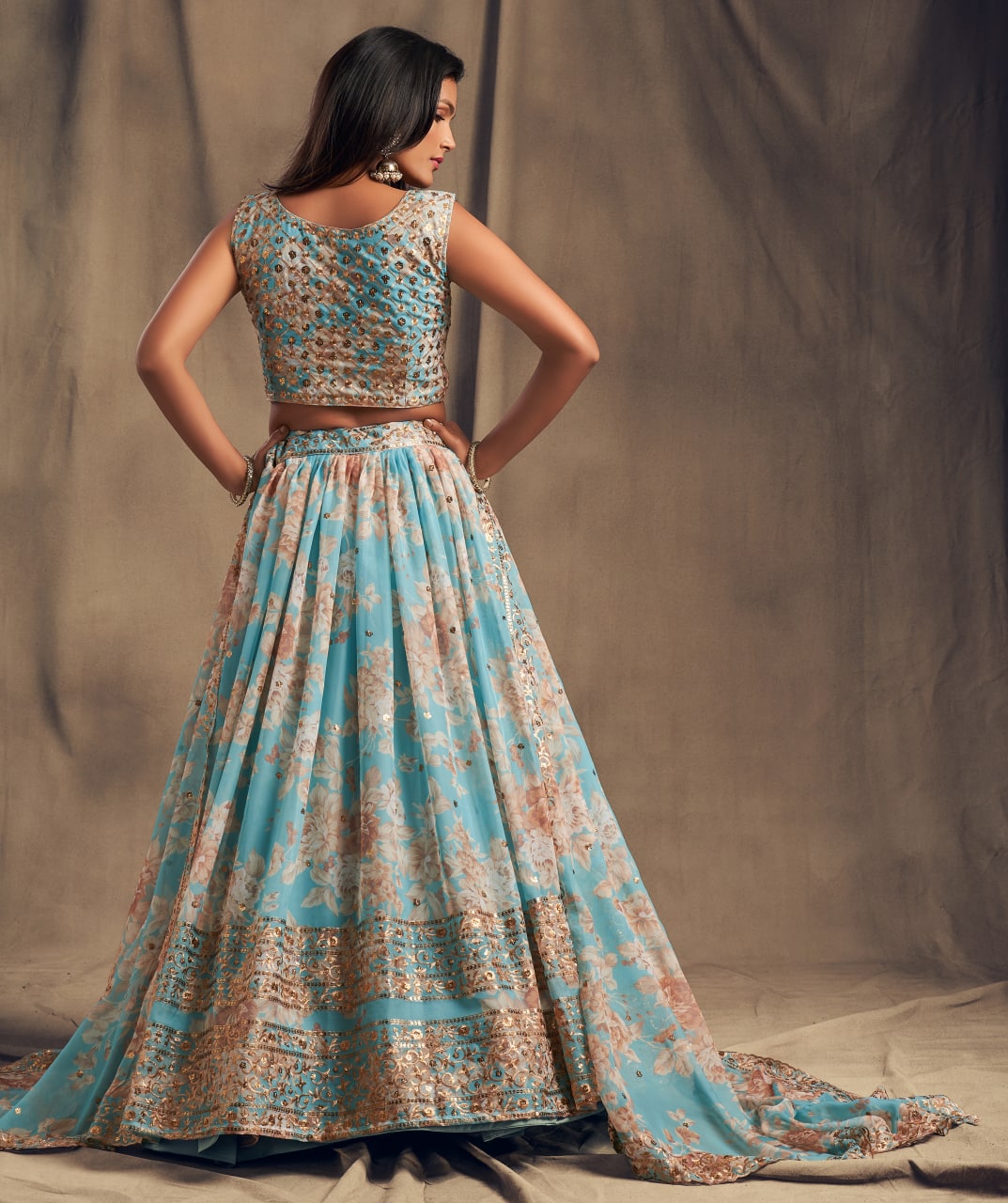 Teal Blue Color Sequins Zari Embroidery Lehenga