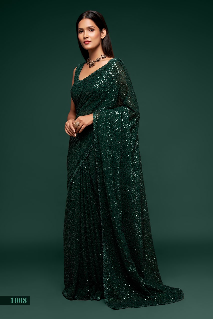 Bottle Green Color Sequined Georgette Party Wear Saree