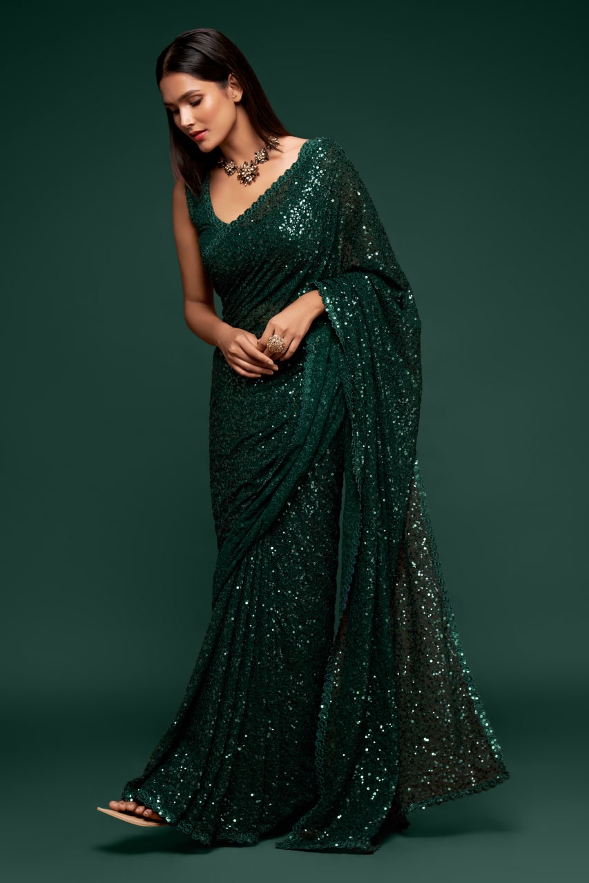 Bottle Green Color Sequined Georgette Party Wear Saree