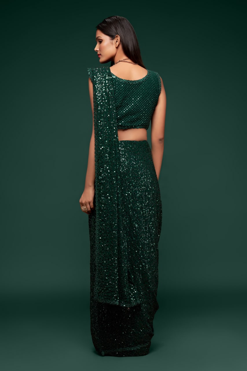 Bottle Green Color Sequined Georgette Party Wear Saree