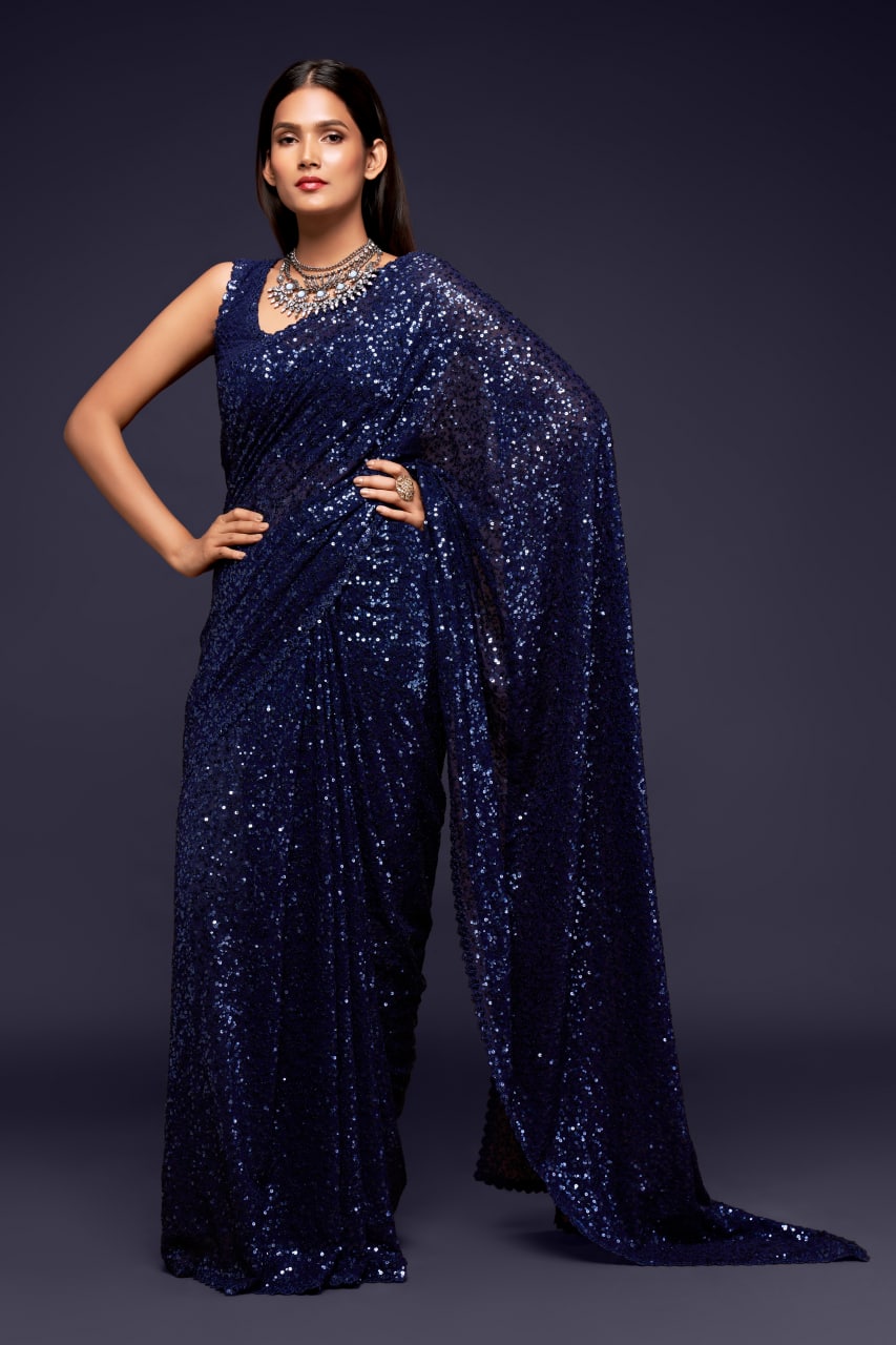 Navy Blue Color Sequined Georgette Party Wear Saree